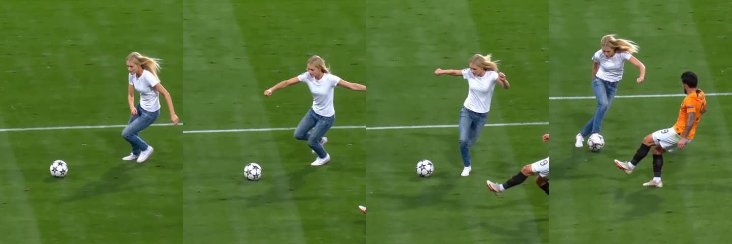 Four frames of a Yamal rabona AI video: the player runs, swings a leg behind, drags the ball and the defender slides in and misses